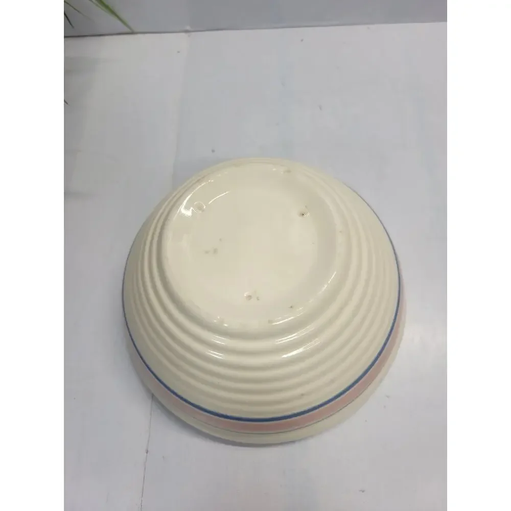 Vintage McCoy Hull Beehive Mixing Bowl Pink Blue Stripe Yellowware Stoneware 7